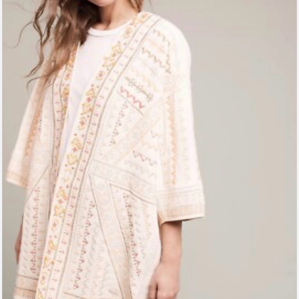Anthropologie One Size Embroidered Beige Kimono Cardigan